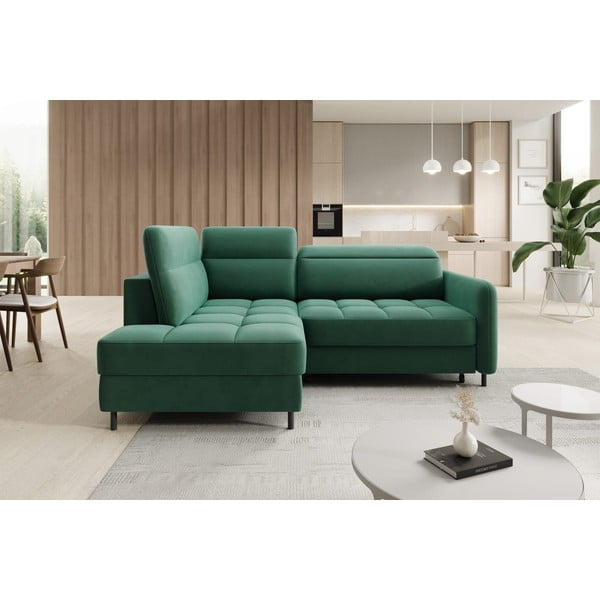 Divano angolare verde allungabile/con contenitore (con penisola a sinistra/a L) e rivestimento in velluto Barea – ELTAP-image-1