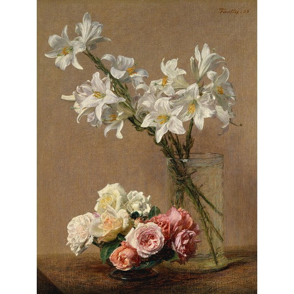 Riproduzione di un dipinto , 45 x 60 cm Henri Fantin-Latour - Roses and Lilies - Fedkolor