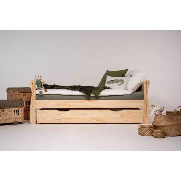 Letto da bambini estraibile di colore naturale in pino massiccio con contenitore e rete inclusi 90x200 cm Roma – Adeko-image-2