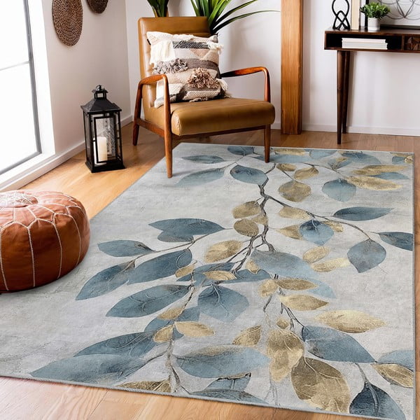 Tappeto azzurro/dorato lavabile 120x180 cm Golden Leaves – Mila Home-image-1