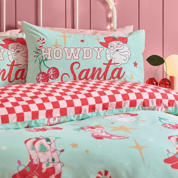Set copripiumino e federa verde e rosa per letto singolo 135x200 cm Santa's Howdy Christmas – Catherine Lansfield-image-3