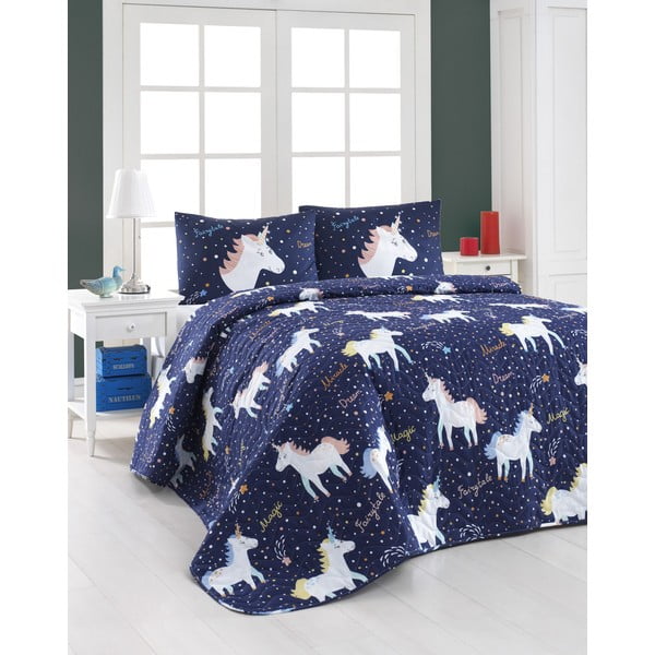 Set di copriletto trapuntato e 2 federe Eponj Home Magic Unicorn blu scuro, 200 x 220 cm - Mijolnir