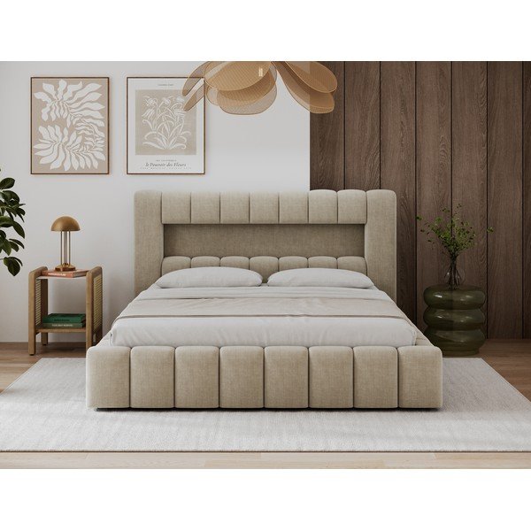 Letto matrimoniale imbottito beige con contenitore con rete inclusa 140x200 cm Lamica – ELTAP-image-2