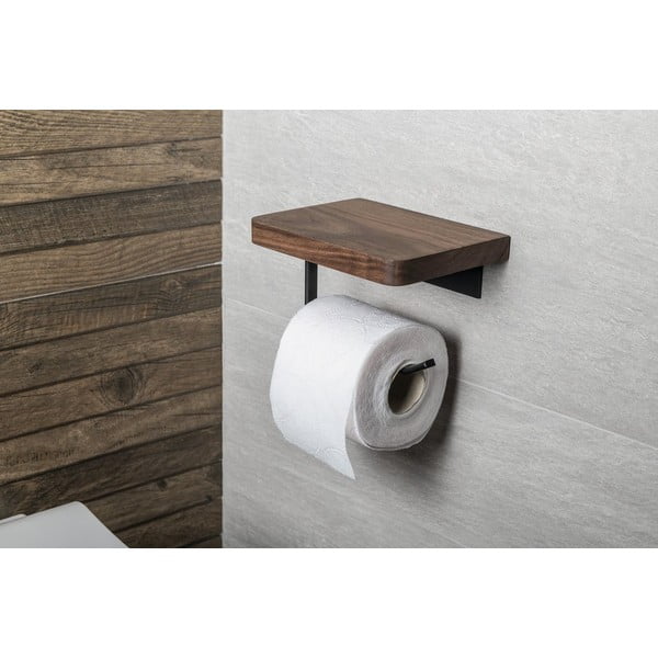 Porta carta igienica a parete in legno marrone con ripiano - Sapho-image-1