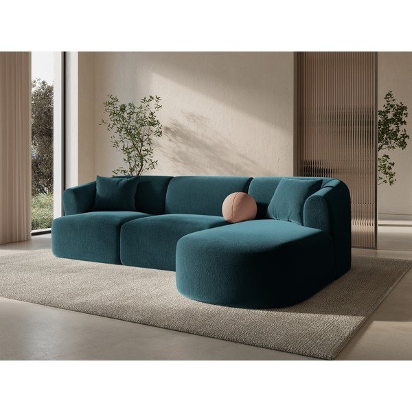 Divano angolare color petrolio (con penisola a destra/con chaise lounge) con rivestimento in velluto Campi – Cosmopolitan Design-image-1