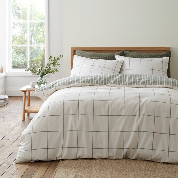 Set copripiumino e federa verde/color crema in flanella per letto singolo 135x200 cm Brushed Regal Check – Bianca-image-1