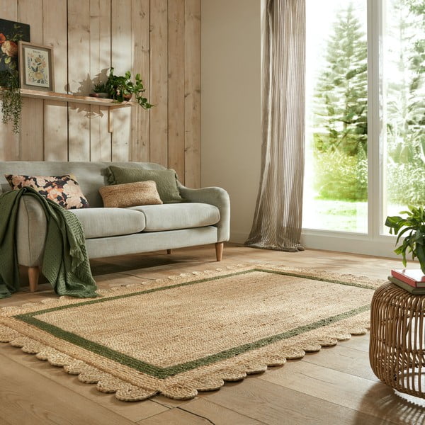 Tappeto verde scuro/di colore naturale in iuta tessuto a mano 160x230 cm Grace Green – Flair Rugs-image-1