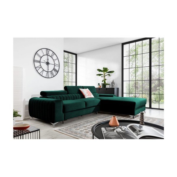 Divano angolare verde allungabile/con contenitore (con penisola a destra/con chaise lounge) e rivestimento in velluto Grayson – ELTAP-image-1