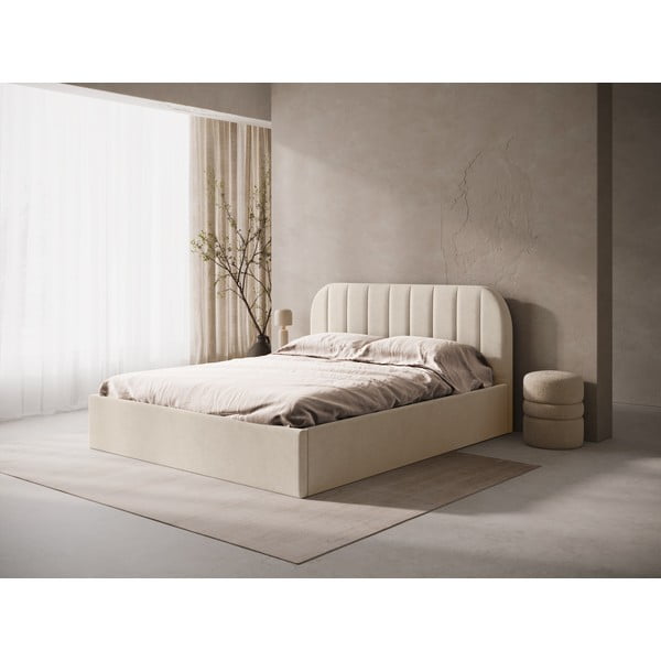 Letto matrimoniale imbottito marrone chiaro con contenitore/senza testiera con rete inclusa 160x200 cm Susan – Micadoni -image-1