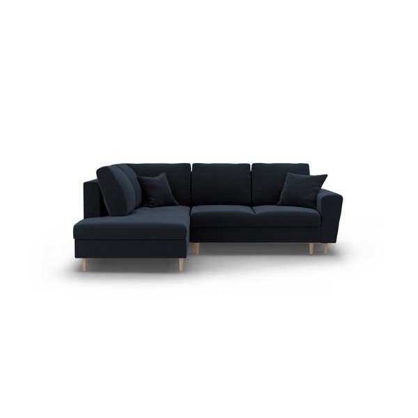 Divano angolare blu scuro allungabile e con contenitore (con penisola a sinistra/a L) con rivestimento in velluto Kyoto – Cosmopolitan Design