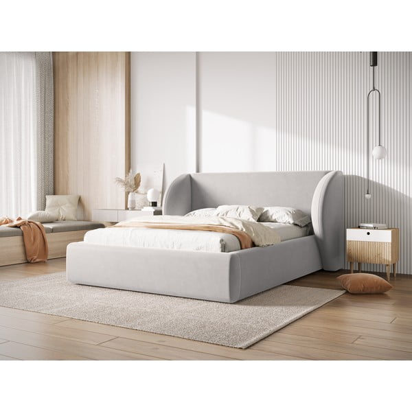 Letto matrimoniale imbottito grigio chiaro con contenitore con griglia 160x200 cm Miley - Micadoni Home-image-1