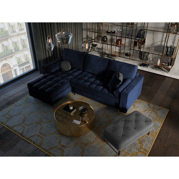 Divano letto angolare in velluto blu, angolo sinistro Santo - Milo Casa-image-1