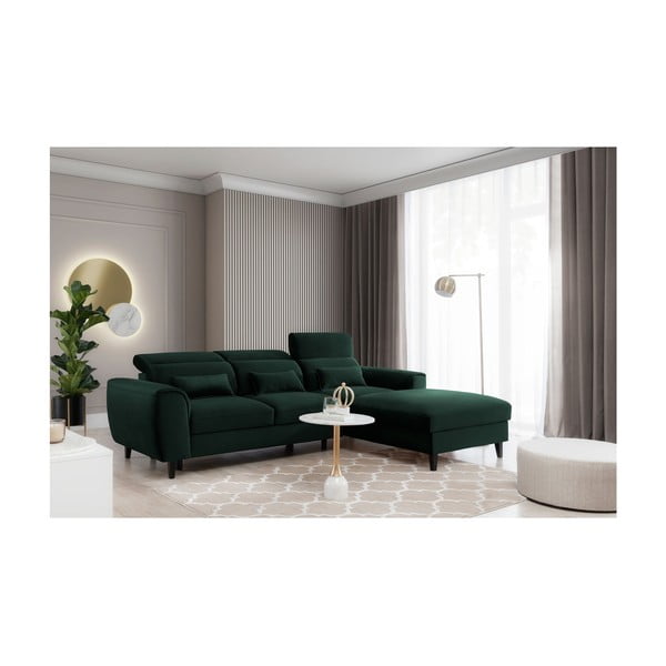 Divano angolare verde scuro allungabile/con contenitore (con penisola a destra/con chaise lounge) e rivestimento in velluto Foble – ELTAP-image-3