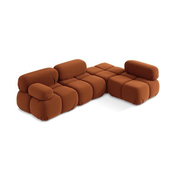 Divano angolare componibile arancione (con penisola a destra) con rivestimento in velluto Lokua – Makamii-image-2