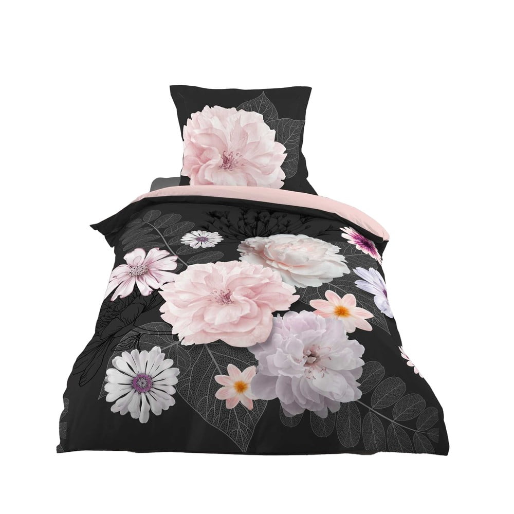 Biancheria da letto nera/rosa in cotone per letto singolo 140x200 cm Floral – douceur d'intérieur | Biancheria da letto
