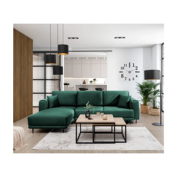 Divano angolare verde allungabile/con contenitore (con penisola a sinistra/con chaise lounge) e rivestimento in velluto Dalia – ELTAP-image-3