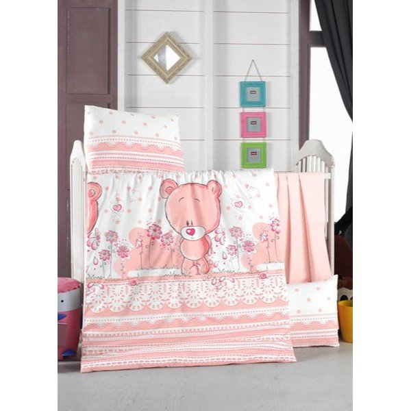 Set copripiumino e federa da bambini rosa in cotone renforcé per culla con lenzuolo incluso/4 pezzi 100x150 cm Pinky – Mijolnir-image-1