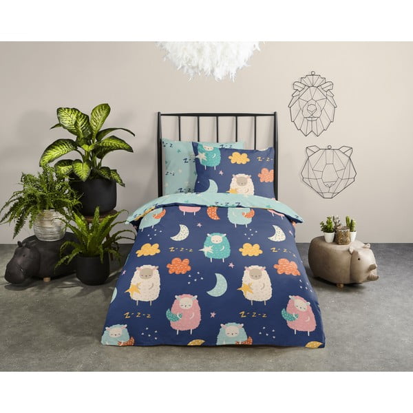 Set copripiumino e federa da bambini blu in cotone per letto singolo ed esteso 140x220 cm Sheep – Good Morning-image-1