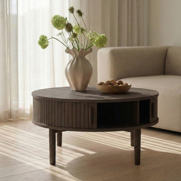 Tavolino da salotto rotondo colore naturale scuro con effetto rovere ø 85 cm Meta – Unique Furniture-image-1