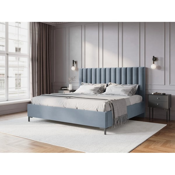 Letto matrimoniale imbottito blu chiaro con contenitore con griglia 160x200 cm Casey - Mazzini Beds-image-1