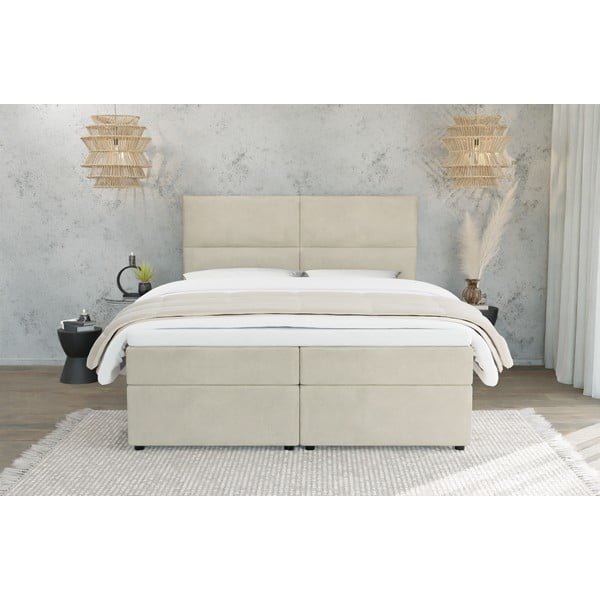 Letto matrimoniale imbottito beige con spazio contenitivo e rete 180x200 cm Rico - Ropez-image-2