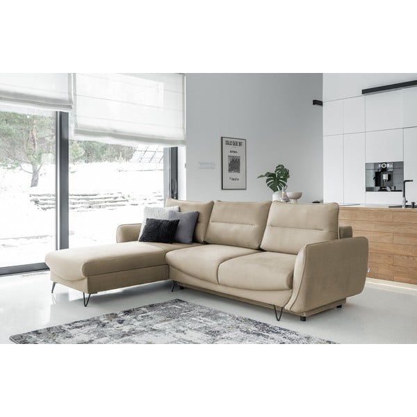 Divano angolare marrone chiaro allungabile/con contenitore (con penisola a sinistra/con chaise lounge) e rivestimento in velluto Silva – ELTAP-image-1