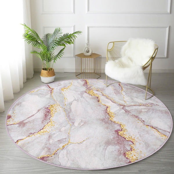 Tappeto rotondo rosa chiaro/dorato lavabile ø 80 cm Marble – Mila Home-image-1