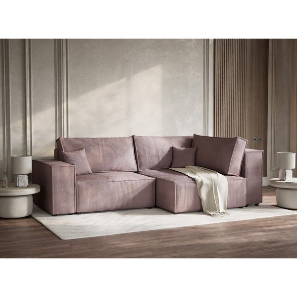 Divano angolare viola allungabile/con contenitore (con penisola a destra/a L) con rivestimento in velluto a coste Tonga – Maison de Rêve-image-4