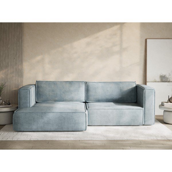 Divano angolare azzurro allungabile/con contenitore (con penisola a sinistra/con chaise lounge) con rivestimento in ciniglia Velto – Maison de Rêve-image-1
