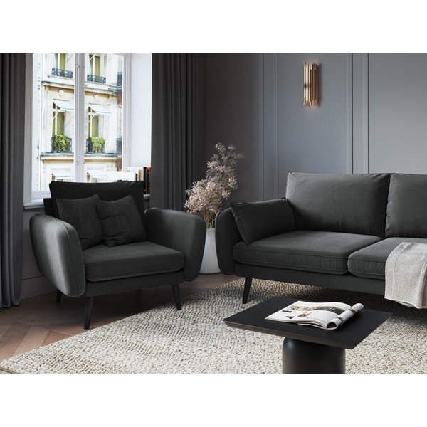 Poltrona in velluto grigio scuro con gambe nere Lento - Kooko Home-image-1