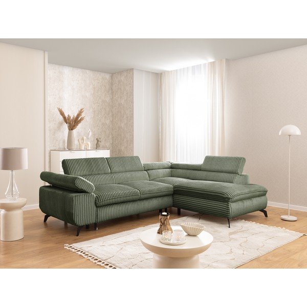 Divano angolare verde (con penisola a destra/a L) con rivestimento in velluto a coste Marbeya  – Ropez-image-1