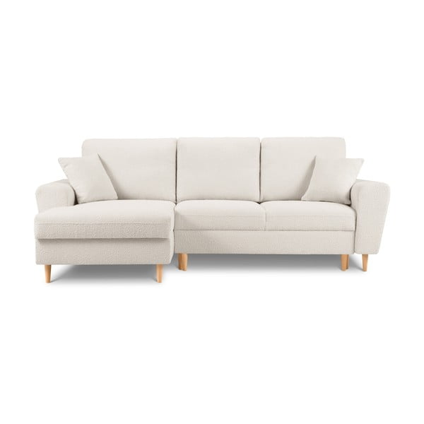 Divano angolare beige allungabile e con contenitore (con penisola a sinistra/con chaise lounge) con rivestimento in bouclé Kyoto – Cosmopolitan Design
