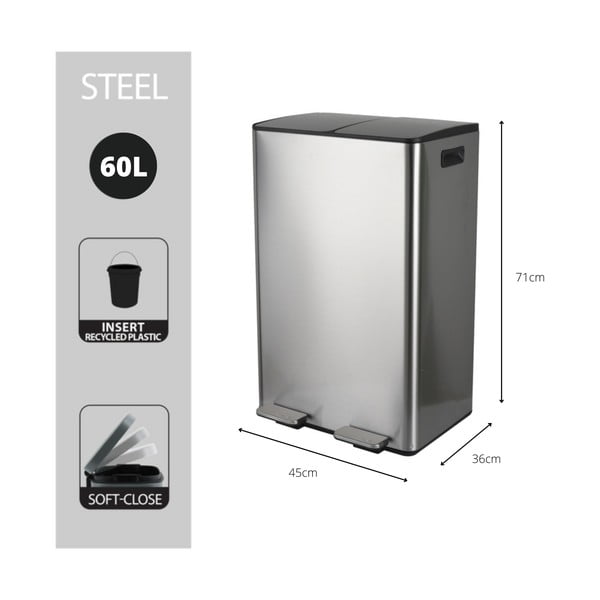 Cestino per la spazzatura color argento opaco in acciaio per raccolta differenziata/con pedale 2x30 l   Aliya – Spirella-image-4