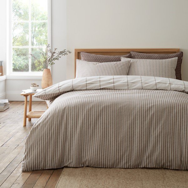 Set copripiumino e federa color crema/grigio tortora in flanella per letto matrimoniale 200x200 cm Brushed Regal Check – Bianca-image-4
