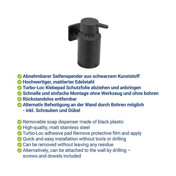 Dispenser per sapone senza foratura nero opaco in acciaio inox con aggancio Turbo-loc Porto – Wenko-image-2