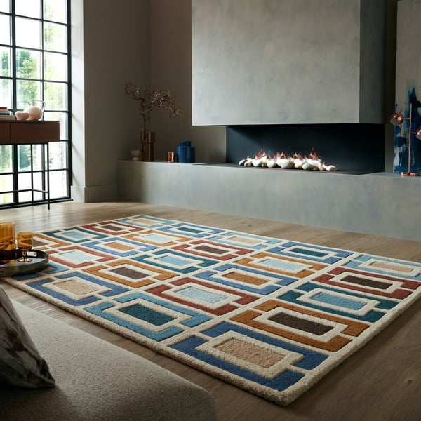 Tappeto in lana blu-arancio tessuto a mano 120x170 cm Retro Blocks - Flair Rugs-image-1