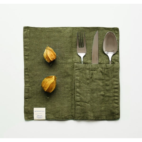 Set di 2 tasche in lino verde oliva per le posate Martini - Linen Tales