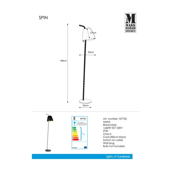 Lampada da terra nera Spin Floor Black, altezza 1,38 m - Markslöjd-image-2