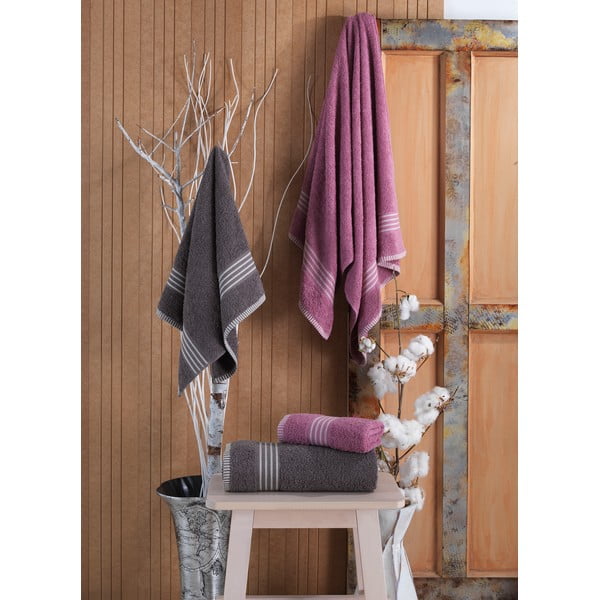 Set di asciugamani per viso e corpo rosa e color antracite in cotone 4 pz – Mila Home-image-2