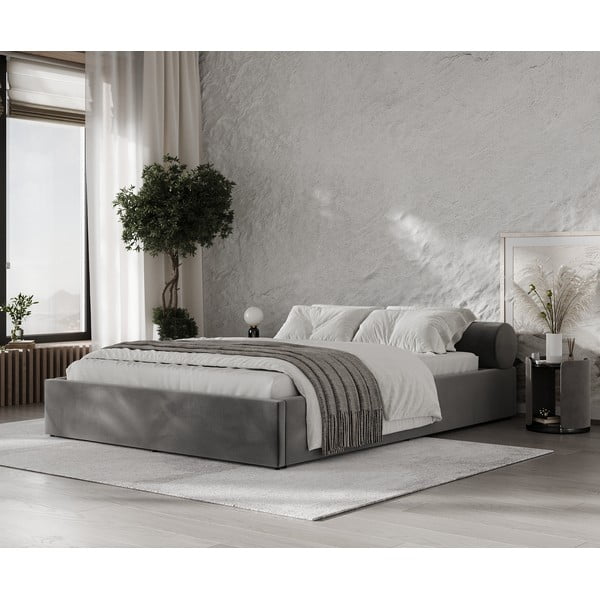Letto matrimoniale imbottito grigio scuro con contenitore e rete inclusi 200x200 cm Solvo – Maison de Rêve-image-1