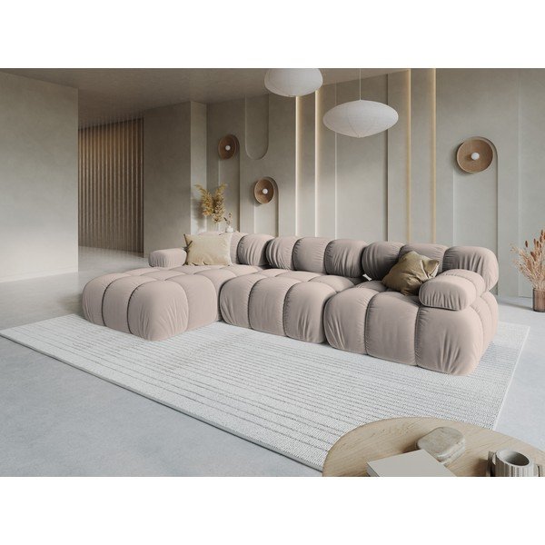 Divano angolare componibile beige (con penisola a sinistra/con chaise lounge) con rivestimento in velluto – Micadoni -image-1
