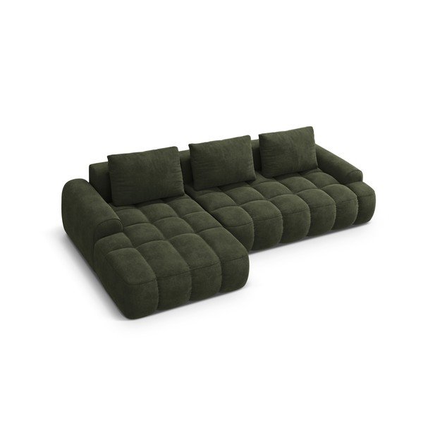 Divano angolare verde allungabile/con contenitore (con penisola a sinistra/con chaise lounge) con rivestimento in velluto Linz – Cosmopolitan Design-image-3