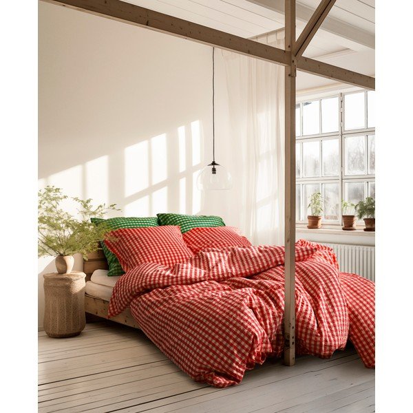 Set copripiumino e federa rosso e giallo in crêpe per letto matrimoniale o esteso 200x220 cm Bæk&Bølge – JUNA-image-1