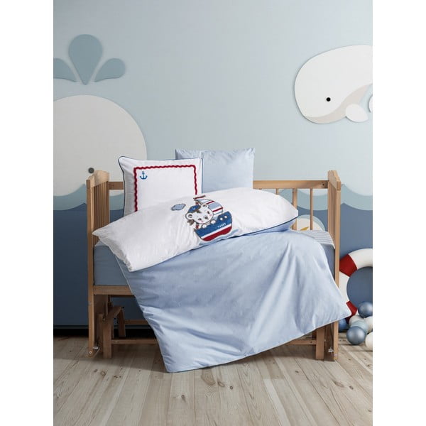 Set copripiumino e federa da bambini bianco/blu in cotone per culla con lenzuolo incluso/4 pezzi 100x150 cm Miniyo – Mijolnir-image-1