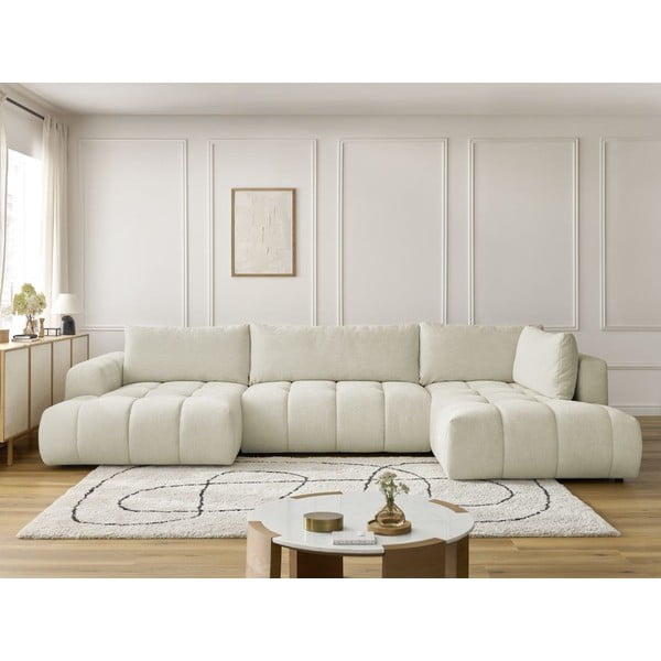 Divano angolare beige allungabile e con contenitore (penisola a destra/a U) Fuji – Bobochic Paris-image-1