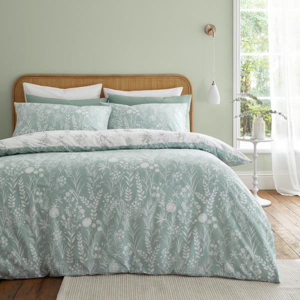 Set copripiumino e federa bianco/verde in percalle di cotone per letto singolo 135x200 cm Wild Flowers – Bianca-image-2