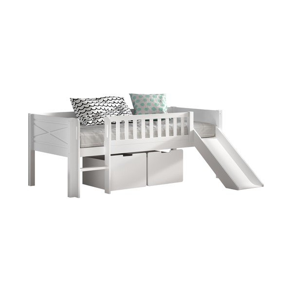 Letto da bambini rialzato bianco in pino massiccio con contenitore con rete inclusa 90x200 cm Scott – Vipack