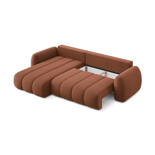 Divano angolare color terracotta allungabile/con contenitore (con penisola a sinistra/con chaise lounge) con rivestimento in bouclé Pele – Makamii-image-3