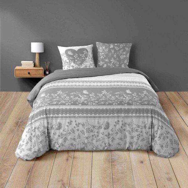 Set copripiumino e federa bianco/grigio in cotone per letto matrimoniale/per letto esteso 3 pezzi 240x220 cm Annie – douceur d'intérieur-image-1