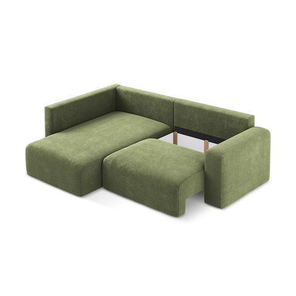 Divano angolare verde allungabile/con contenitore (con penisola a sinistra/a L) con rivestimento in ciniglia Kona – Makamii-image-4